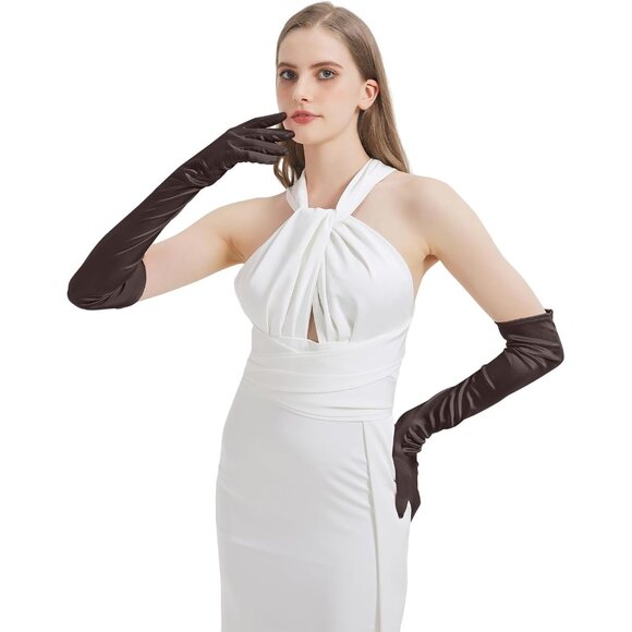 Women's Brown Long Imported Satin Elbow Length Halloween Cosplay Opera Gloves - Picture 7 of 7